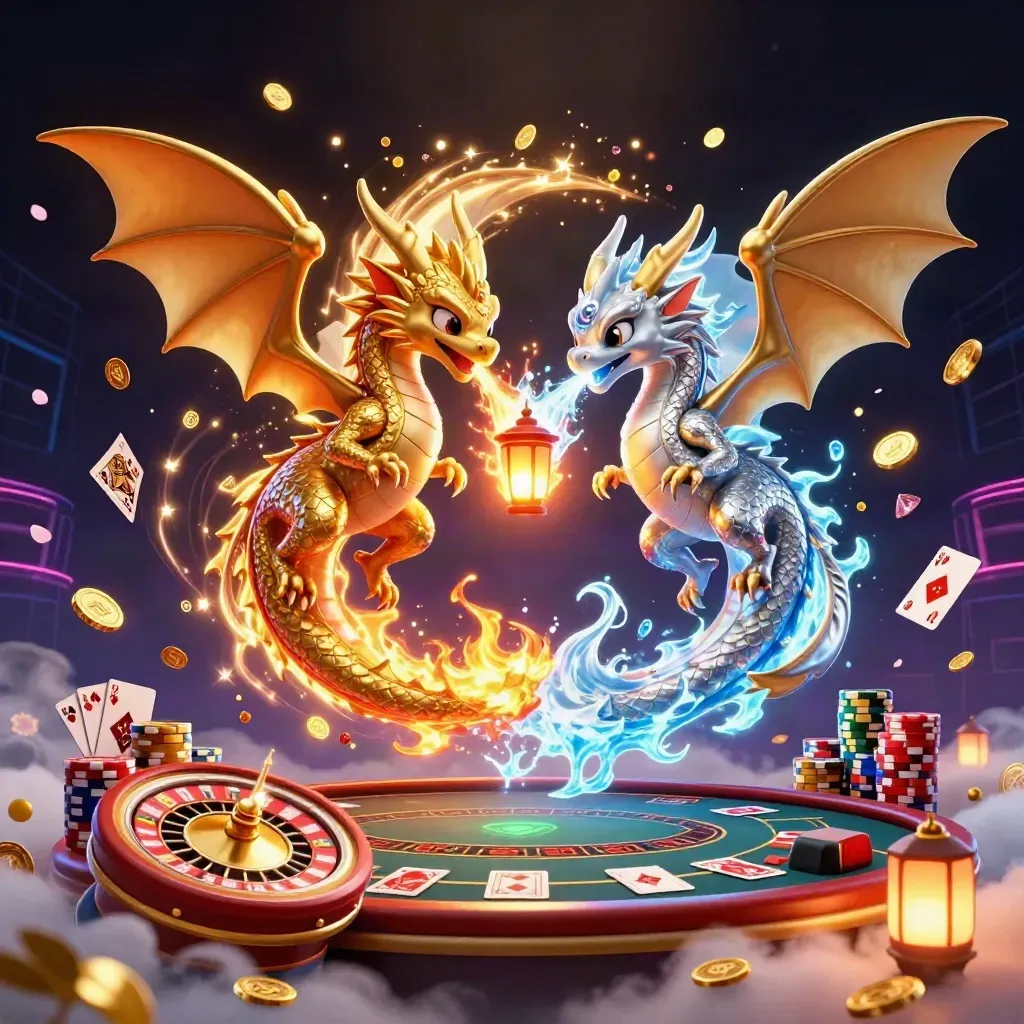 Twin dragons amid coins, gems, roulette, cards, chips, and neon casino smoke.