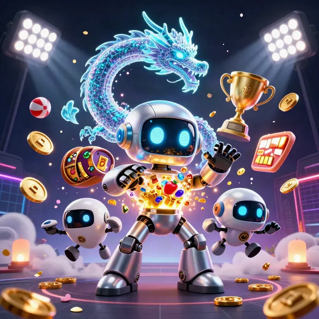 Cyberpunk robot, digital dragon, and coin drone burst amid treasure, sports balls, coins, and neon casino effects.