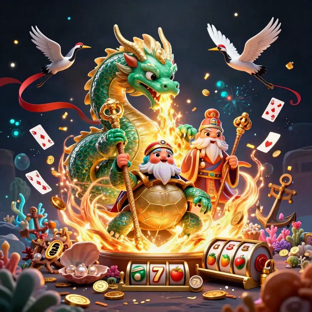 Emerald dragon, turtle sage, and cranes amid treasure, coins, coral, cards, and casino loot.