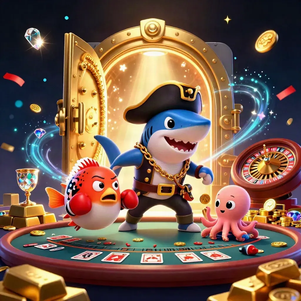 Pirate shark, boxing pufferfish, and coin-juggling octopus amid vault light and casino sparkle