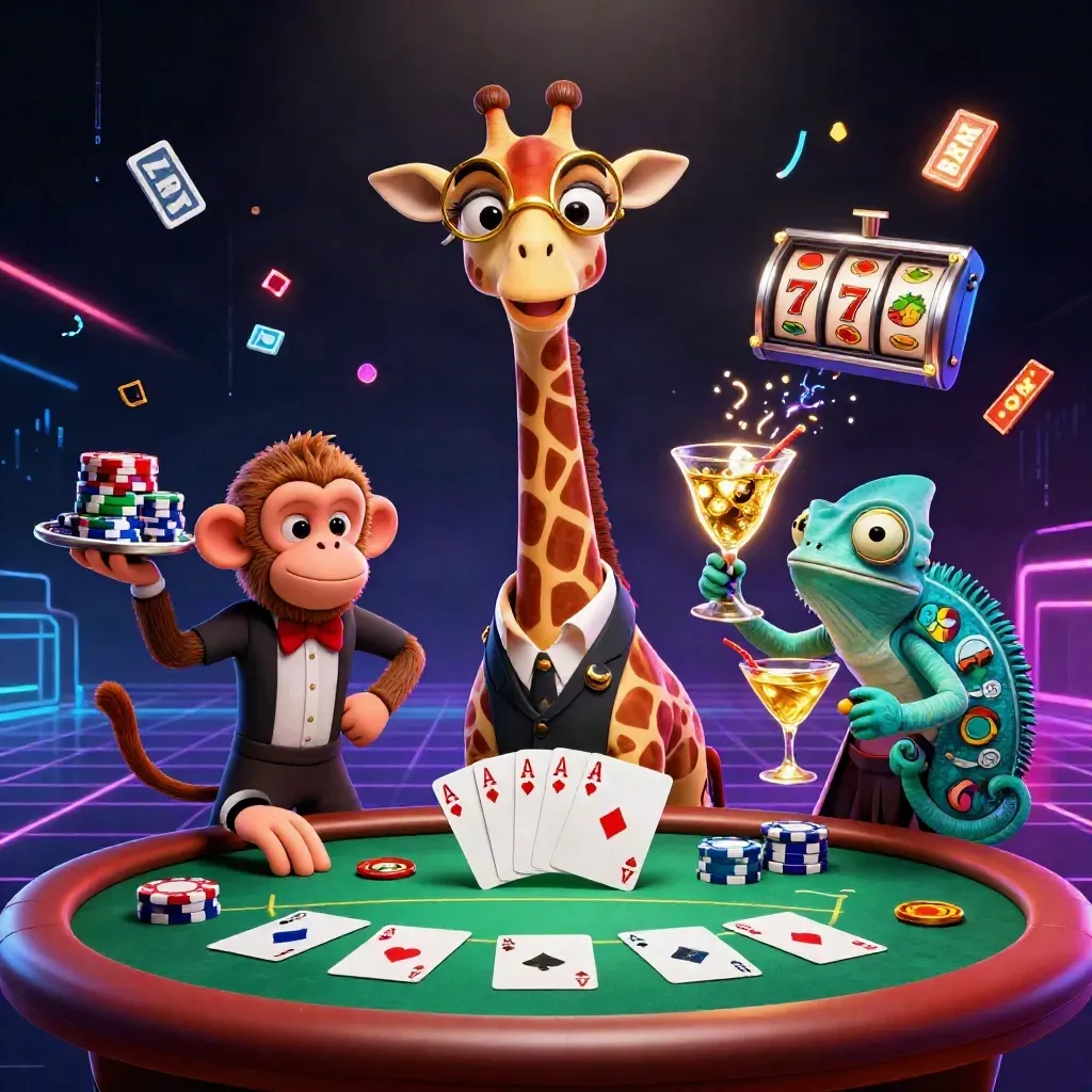 Giraffe high-roller, monkey valet, and chameleon bartender at a neon poker table with chips and aces.