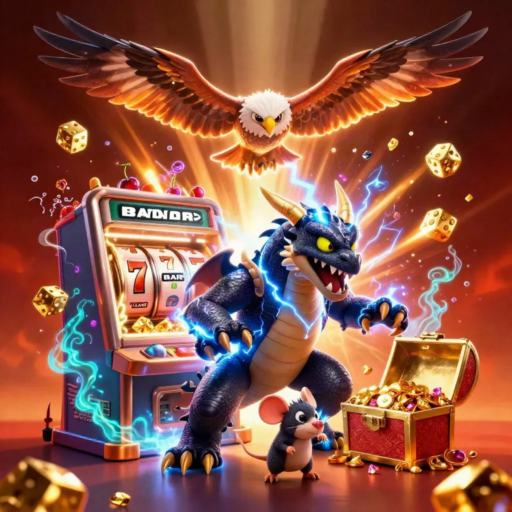 Thunder dragon, wind hawk, and static mouse explode through a jackpot-lit treasure storm.