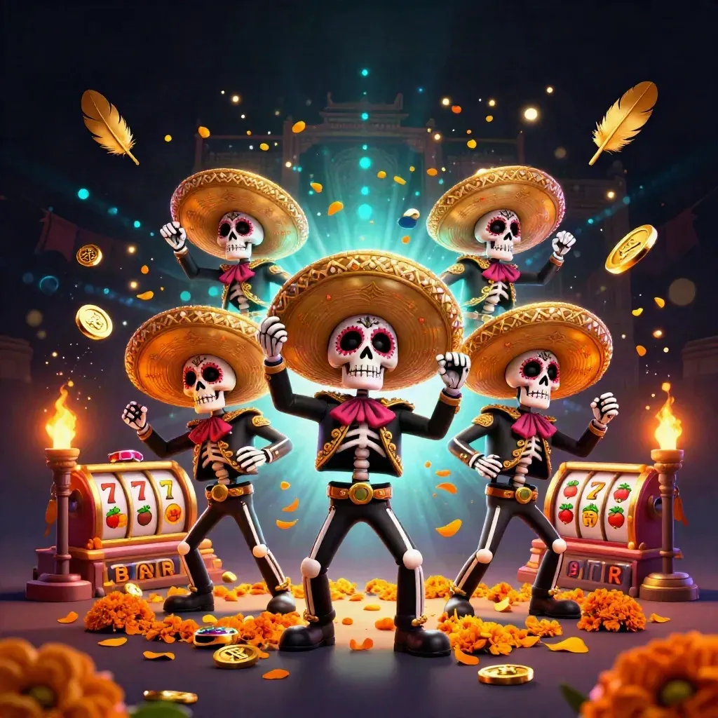 Day-of-the-Dead mariachi skeleton trio amid coins, reels, temple gate, and neon casino effects.
