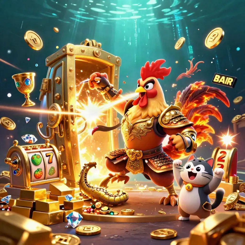 Rooster samurai, dragon hatchling and fortune-cat amid vault riches, coins, fireworks and neon casino glow.