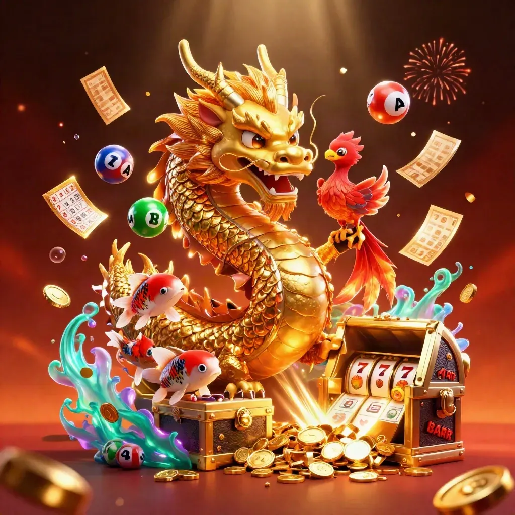 Golden dragon and phoenix burst from treasure amid coins, reels, fireworks, and neon glow.