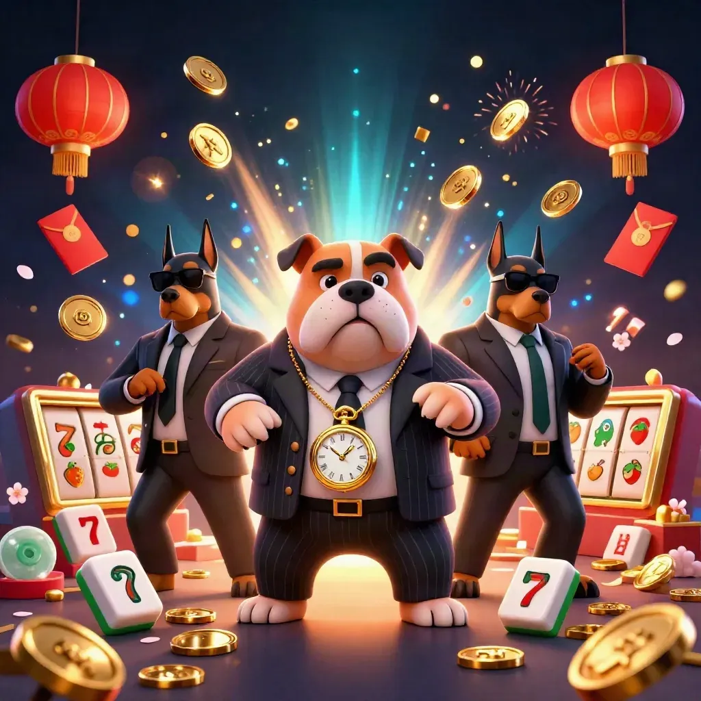 Bulldog mob boss and two Dobermans amid exploding gold coins, lanterns, fireworks, and casino reels