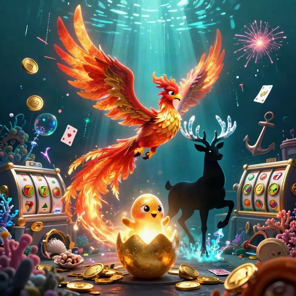 Phoenix, baby phoenix, and crystalline stag over a coin storm in a luxe underwater casino vault.