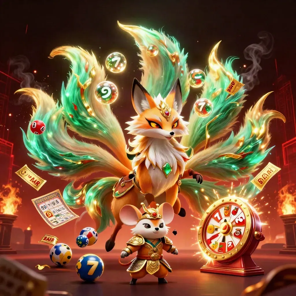 Fox spirit and samurai mouse amid casino symbols, glowing embers, and a dark neon skyline.