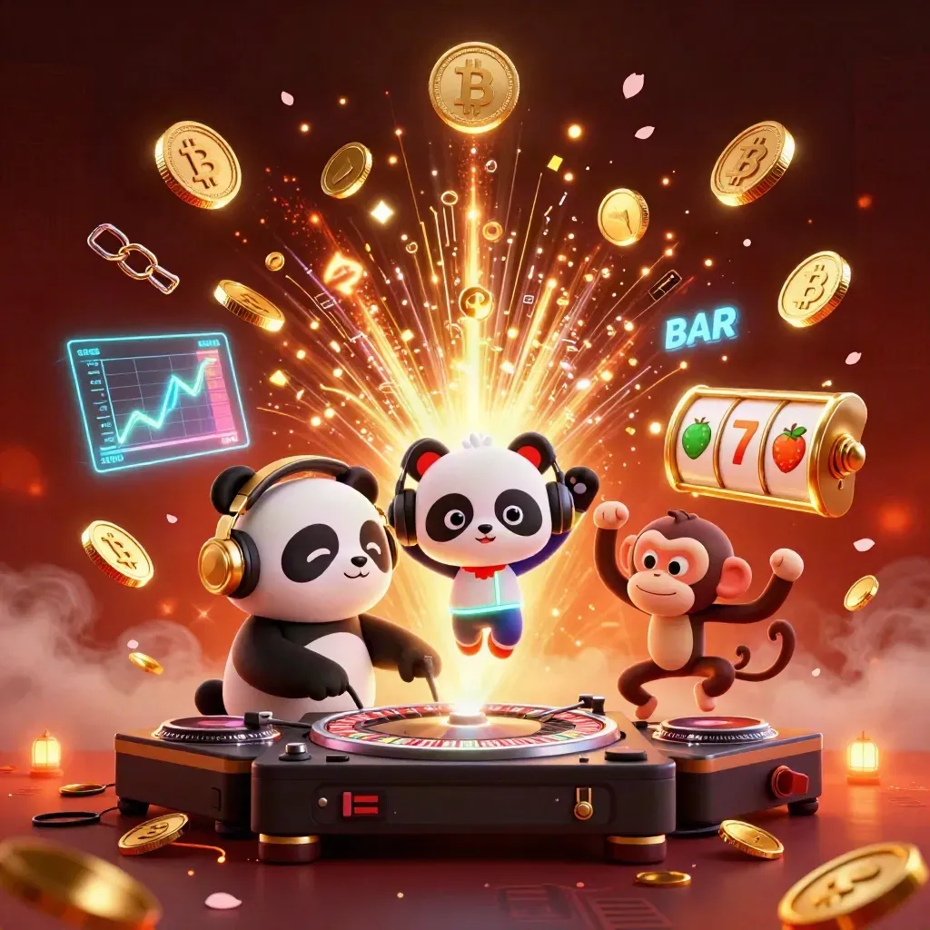 Panda DJ, breakdancing monkey, and rave kitten amid vault coins, fireworks, and neon casino symbols.