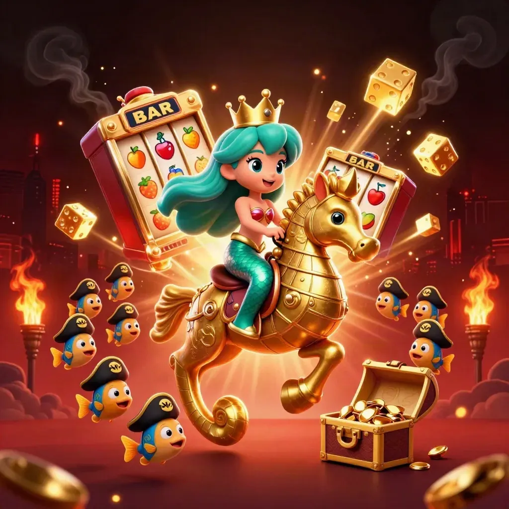 Mermaid princess on armored seahorse with pirate fish, slot symbols, gold chest, ember-lit casino fantasy