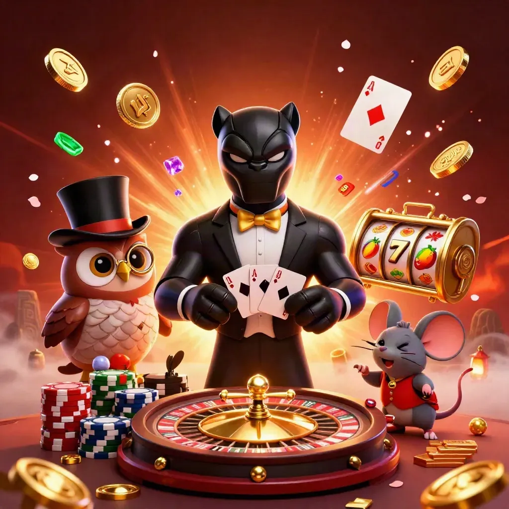 Panther, owl, and mouse casino heroes burst with chips, coins, cards, and neon slots.