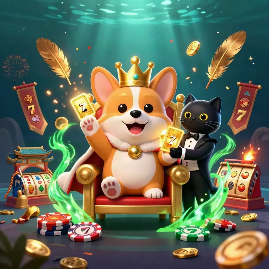 Royal corgi and cat butler on a chip throne amid reels, coins, temple gate, and casino magic.