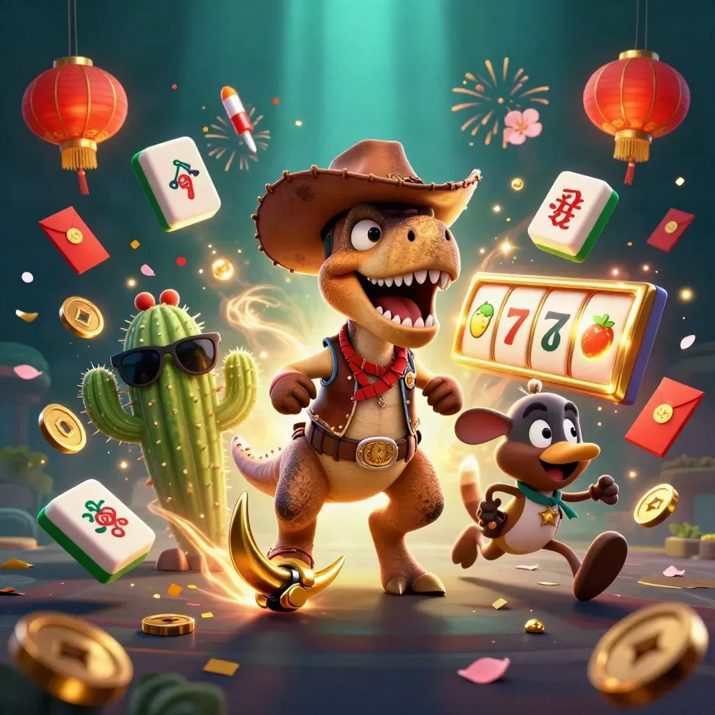 Cowboy T-Rex, cactus sidekick and sheriff roadrunner amid jade coins, lanterns and casino sparks.