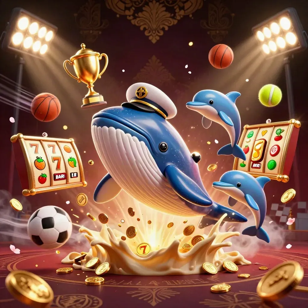 Whale captain, narwhal, and dolphins burst through coins with casino reels and glowing gold effects.