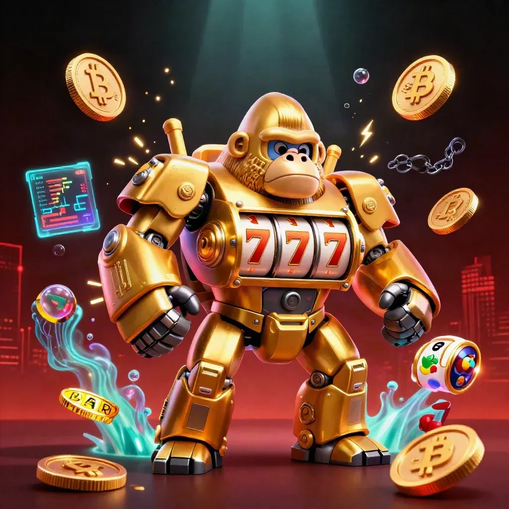Golden gorilla mech with monkey pilot, casino reels, crypto coins, and neon effects.