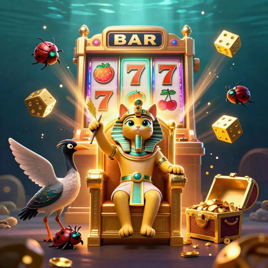 Pharaoh cat, ibis scribe, scarab beetles, slot machine bursts, gold, dice, treasure chest