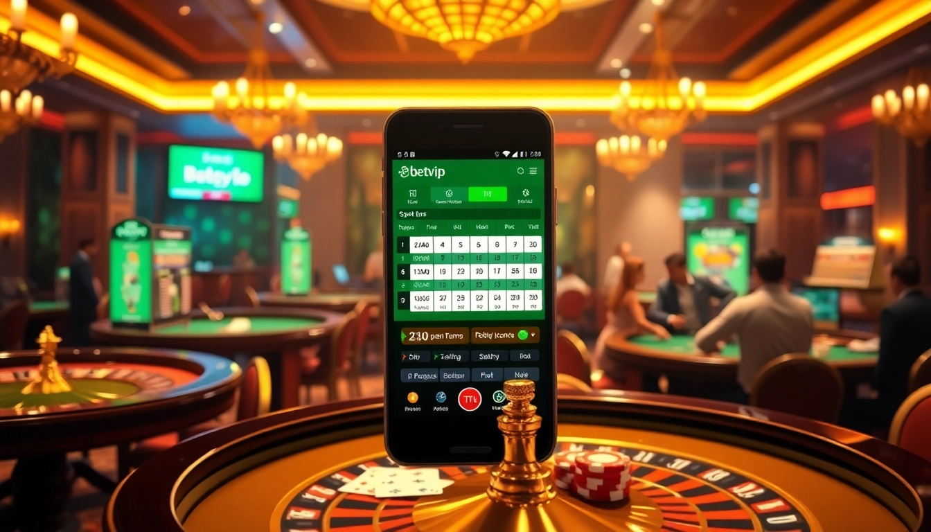 Trải nghiệm sự hứng khởi khi đặt cược với ứng dụng BetVIP trong một khu casino sang trọng.