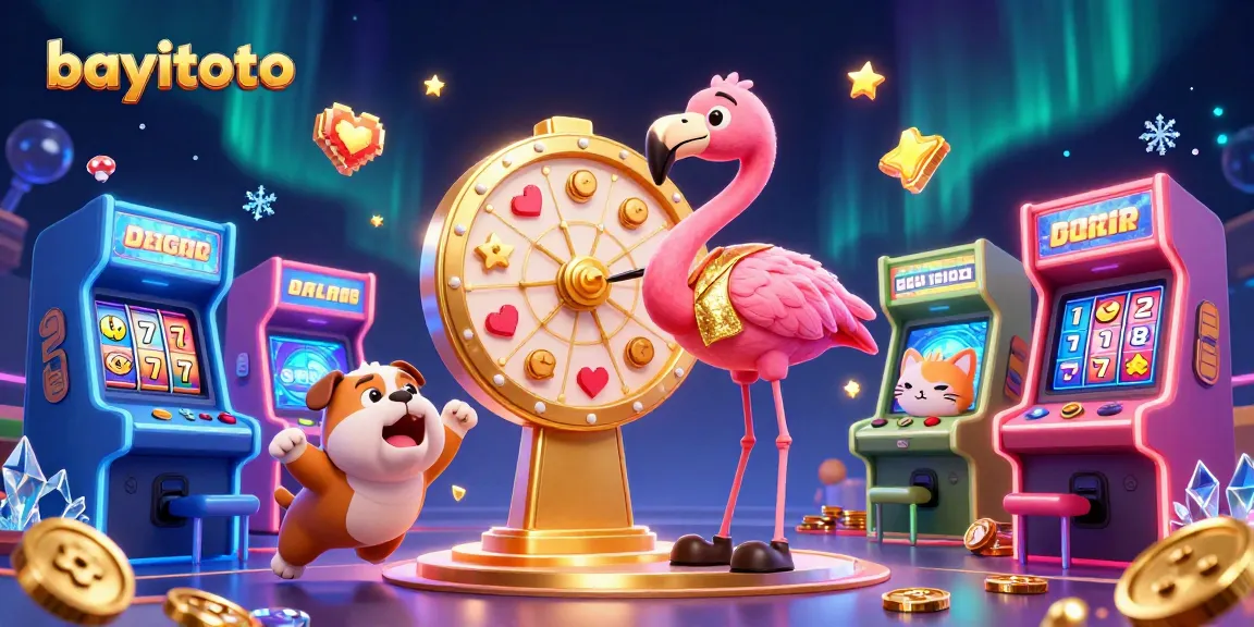 Engage with bayitoto's vibrant gaming experience featuring a flamingo game show host, bulldog contestant, and exciting slot elements.