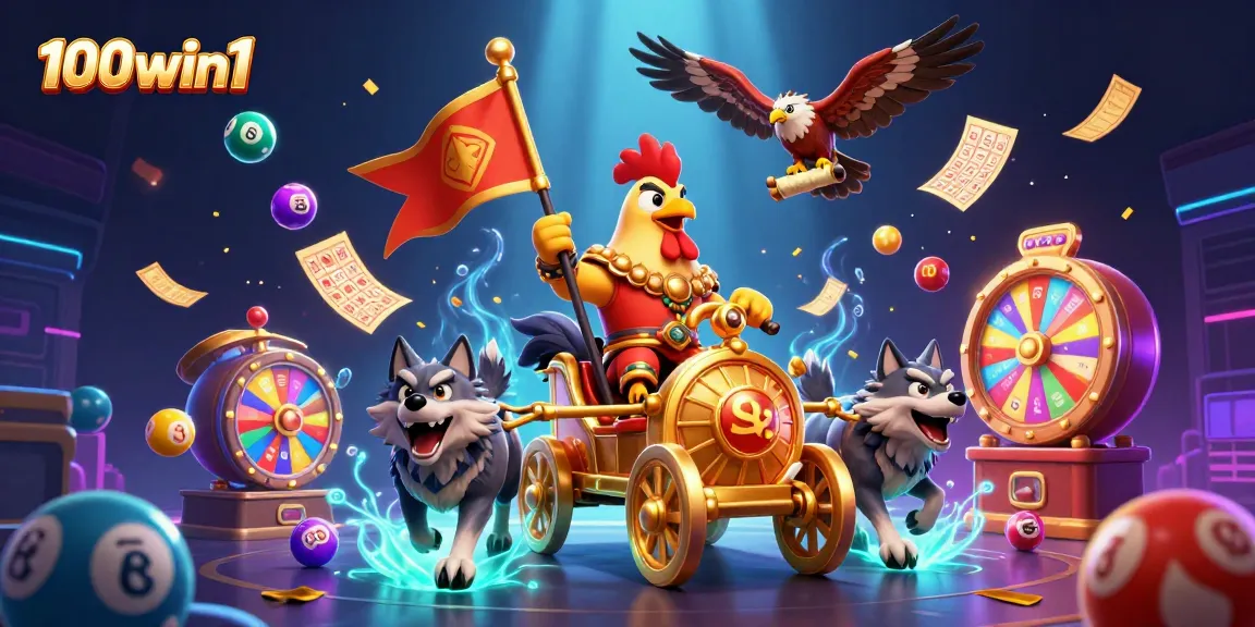 Experience vibrant gameplay with 100win1, featuring a cartoon warlord, lottery elements, and dynamic visuals.