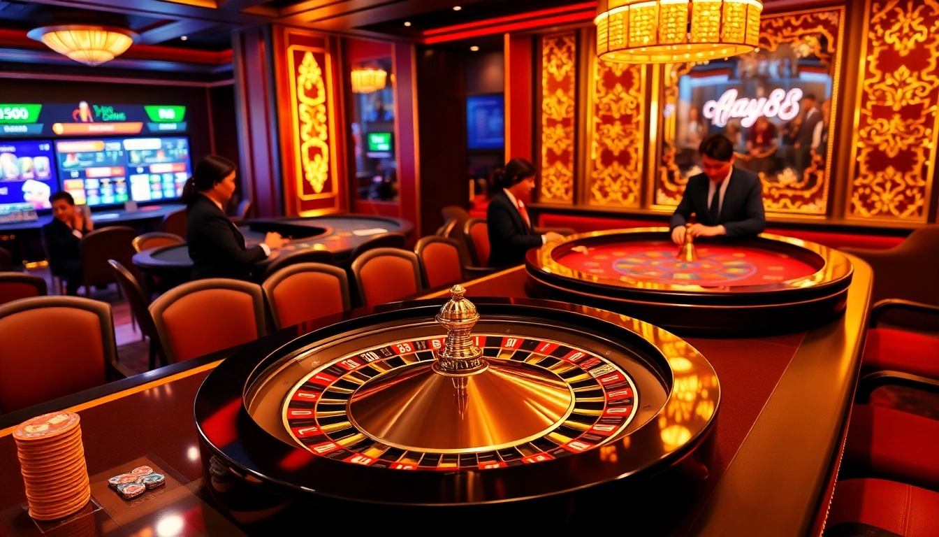 Engaging casino atmosphere with hay88 branding, showcasing lively gameplay at poker and roulette tables.