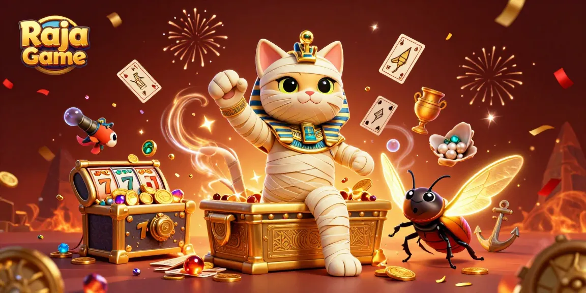 Join exciting gameplay with Raja Game's dynamic casino scene featuring a mummy cat and scarab beetle.