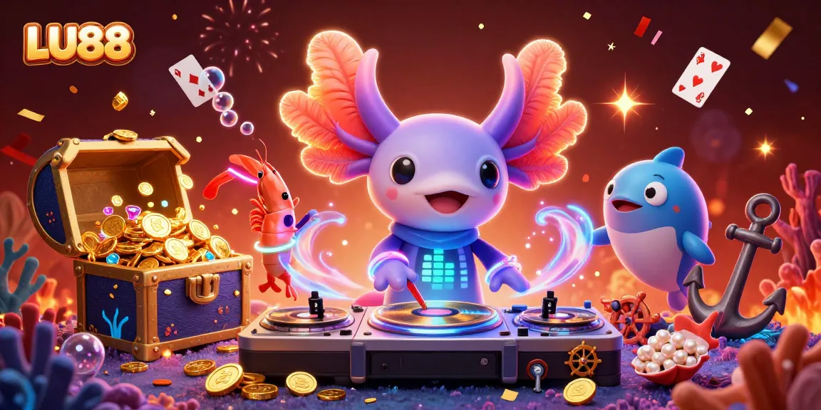 Spin exciting LU88 games featuring an axolotl DJ and energetic shrimp dancers amidst treasure and confetti.