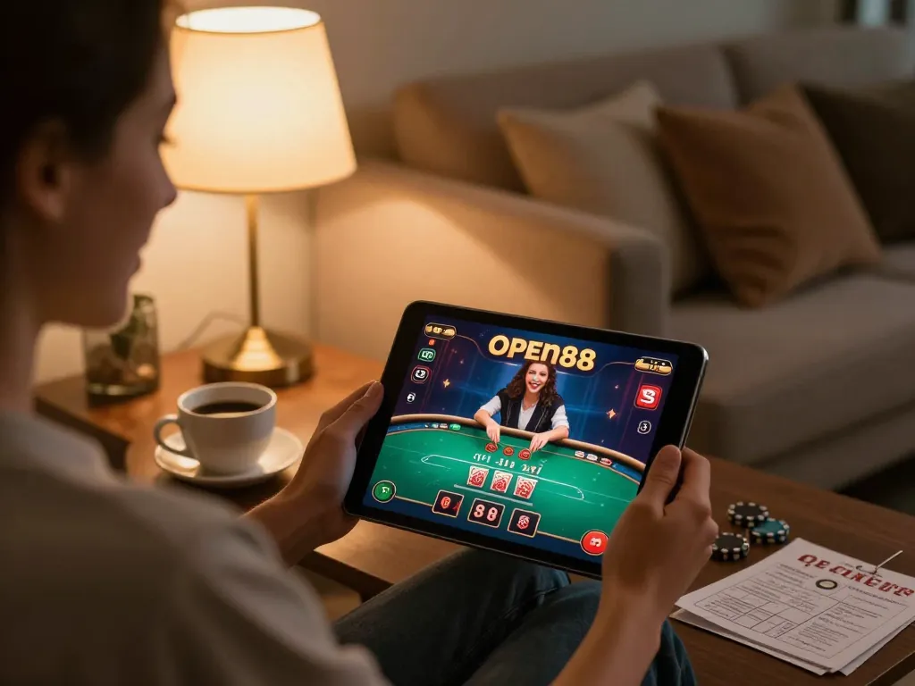 open88 player enjoying poker game on tablet in cozy home setting, immersed in online gaming experience.