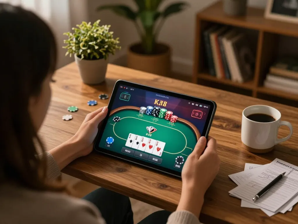 Person engaging with online gambling at home, highlighting nhacaiuytin for strategic play.