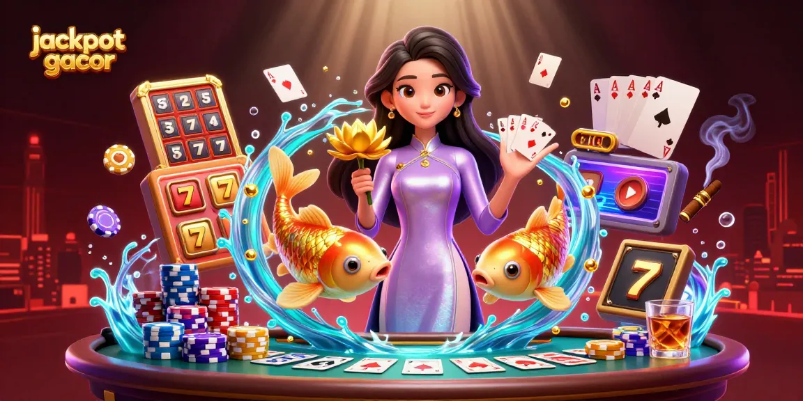 Engage with jackpot gacor thrills in a vibrant casino scene featuring a skilled Asian player and dynamic gaming elements.