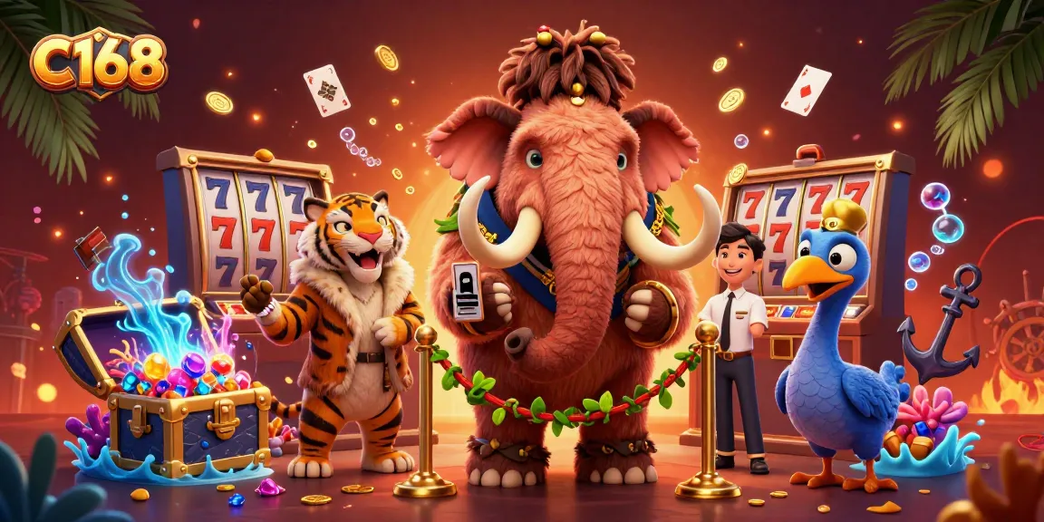 C168 casino features a vibrant illustration of a woolly mammoth bouncer checking IDs at an exciting entrance.