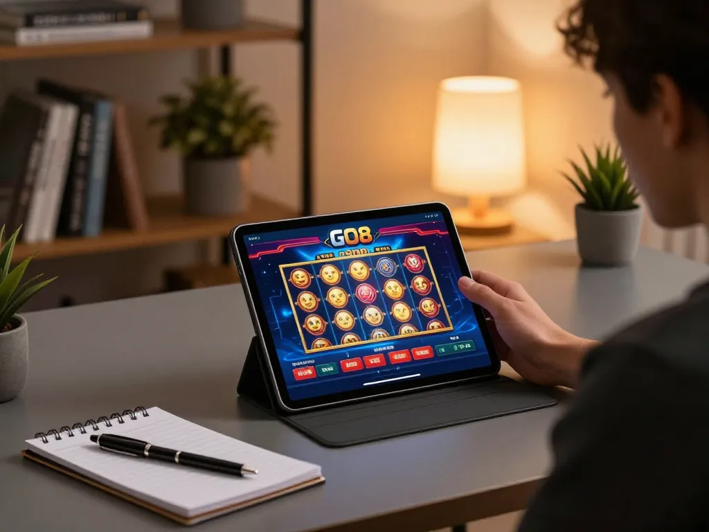 Engaging with the GO8 app for online gaming strategies while registering at home, emphasizing smart betting choices.
