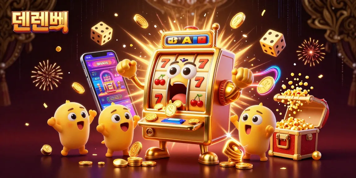 Experience the excitement of 텐텐벳 as a golden slot machine wins big, surrounded by animated cheering machines and vibrant casino elements.