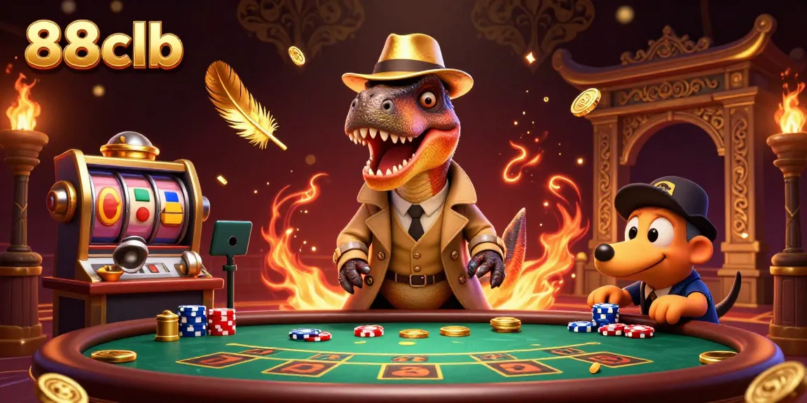 Join the fun at 88clb with animated velociraptors and exciting casino elements in this dynamic scene.