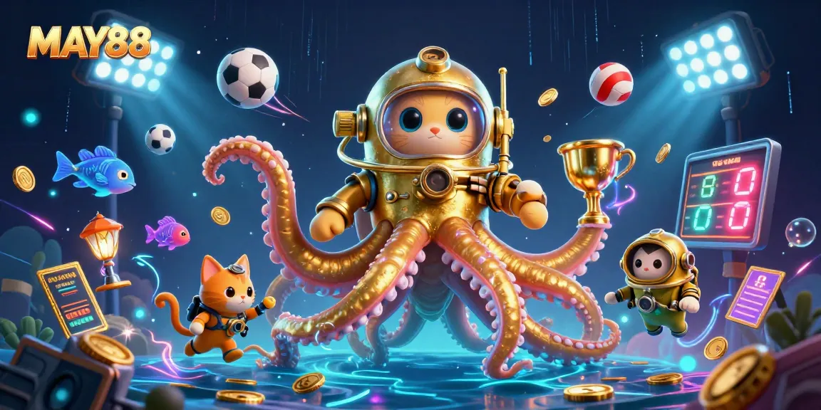 MAY88 showcases a vibrant casino scene with dynamic sports elements and a colossal kraken illustration.