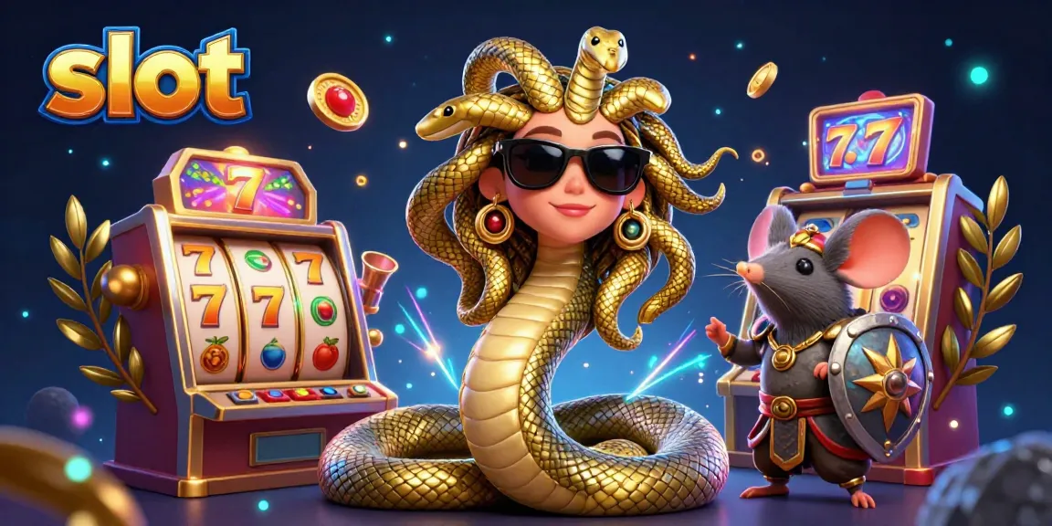 slot menyenangkan dengan Medusa dan mouse pejuang dalam ilustrasi 3D yang hidup penuh warna.