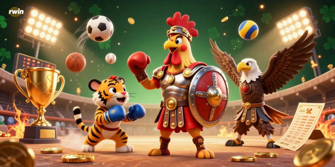 Engage with the rwin betting arena featuring animated characters and dynamic sports elements.