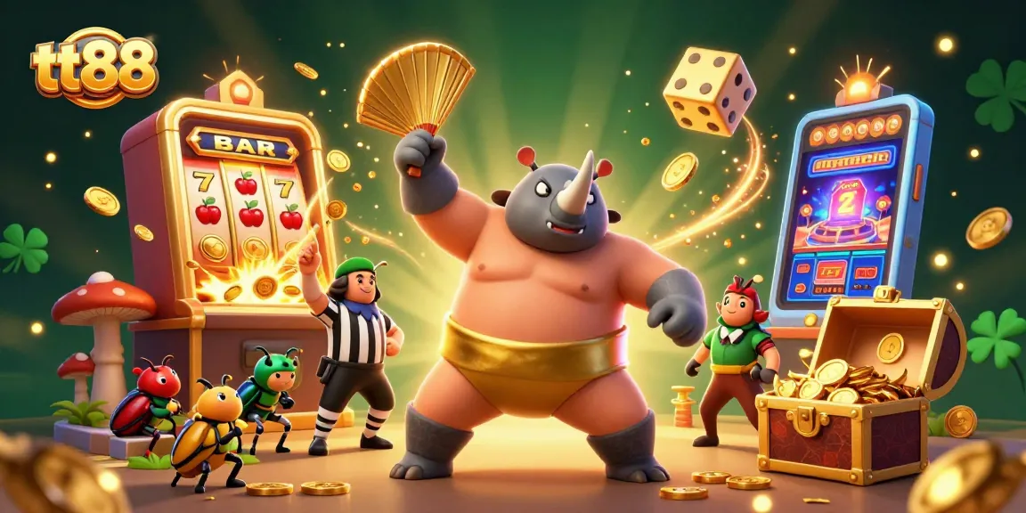 Experience the thrill of tt88 with a vibrant casino scene featuring a beetle champion amidst a jackpot explosion and dynamic elements.