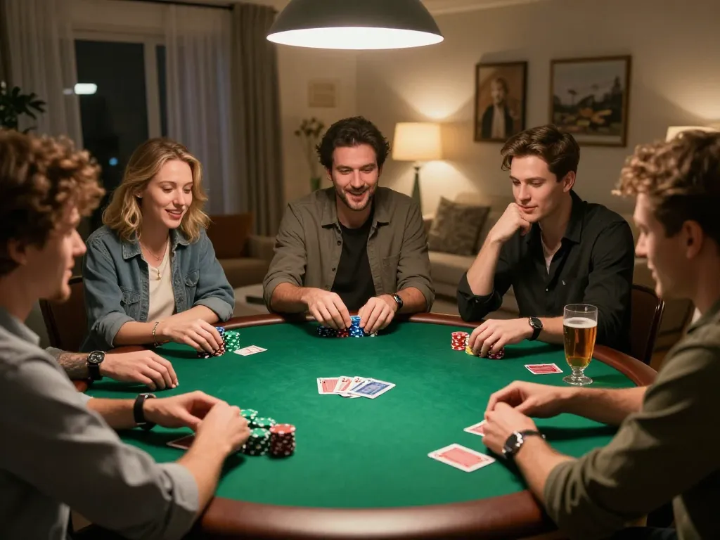 HITCLUB friends enjoying thrilling poker night at home with strategy and excitement