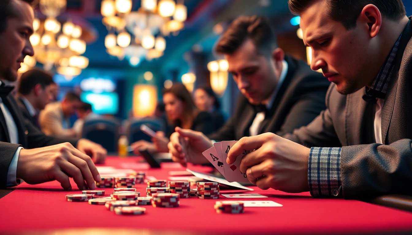 Engaged players in a Poker Game at a casino with vibrant ambiance and poker chips.
