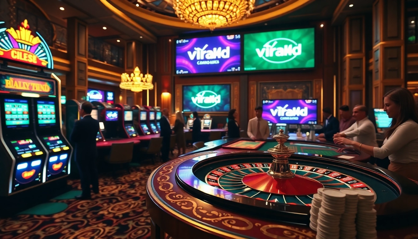 Players engaging with thrilling slot machines at a casino, highlighting viral4d excitement and luxury.