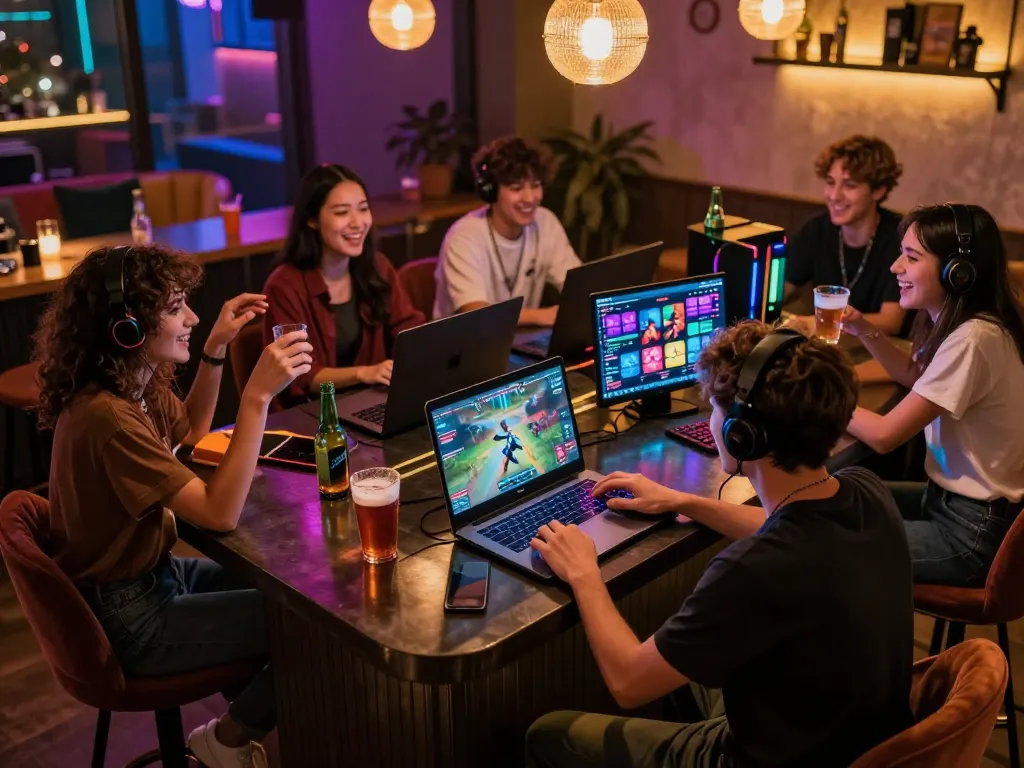 Engaging in thrilling nsfw games apk on a sleek laptop during a lively night out with friends.