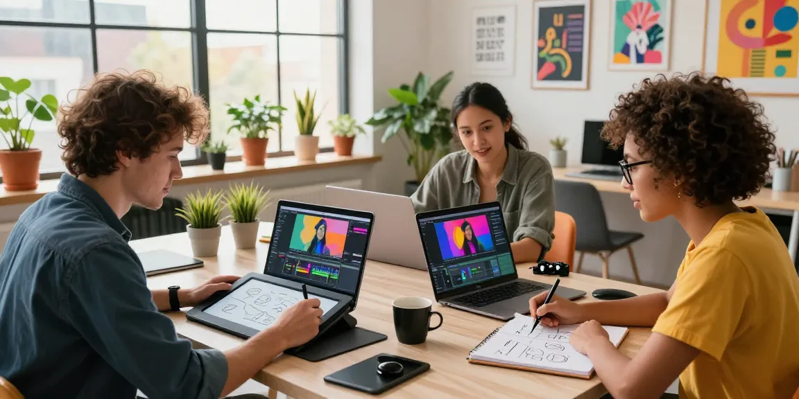 Creative workspace showcasing nsfw digital content production, featuring diverse creators in action.