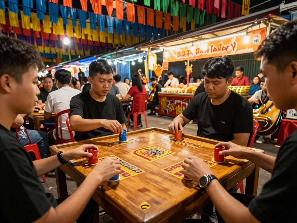 Xóc đĩa players placing bets at a lively street festival, capturing excitement and tradition.