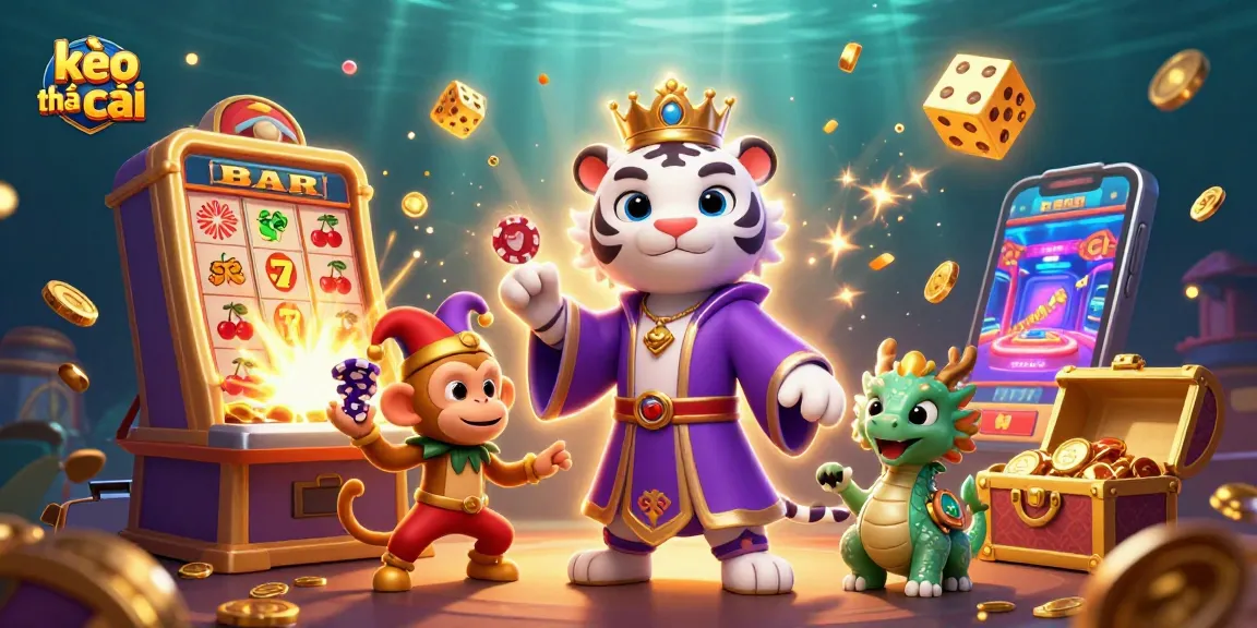 Experience the excitement of kèo nhà cái with vibrant characters, slot machines, and thrilling casino elements in a dynamic scene.