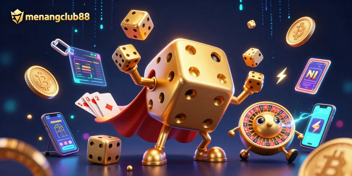 Experience the thrill of menangclub88 with a captivating 3D illustration featuring a golden dice golem and crypto elements.
