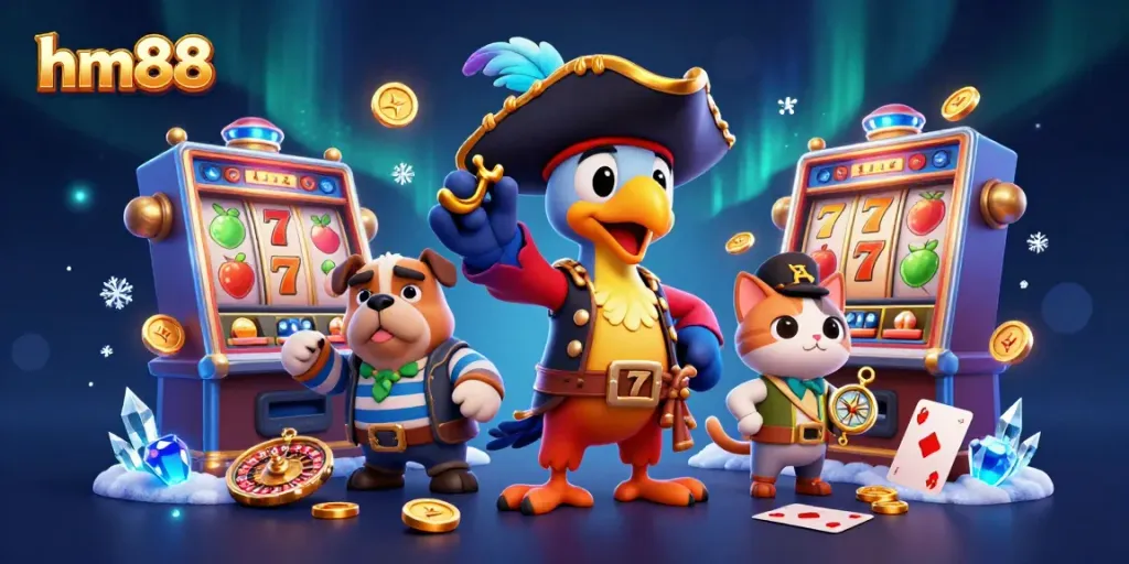 Experience thrilling gameplay at hm88 with colorful slot machines and playful characters in a vibrant casino setting.