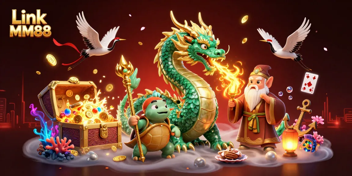 Play and win with Link MM88; illustrated scene featuring a jade dragon and golden treasures.