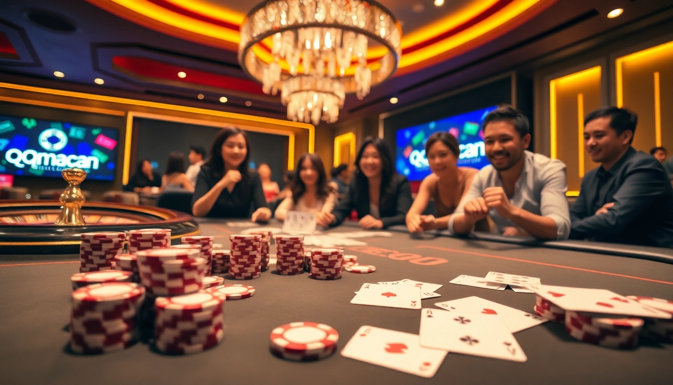 Excited players enjoying a game at the luxurious QQMACAN casino with poker chips and cards in view.