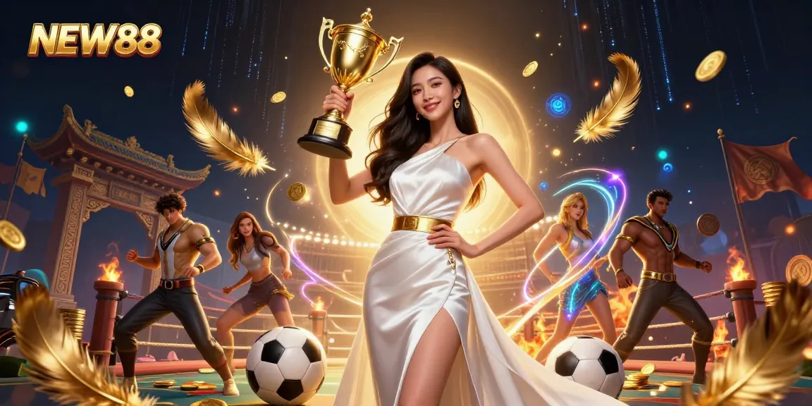 Experience thrilling sports betting at NEW88 with a victorious Asian woman in elegant attire holding a trophy.