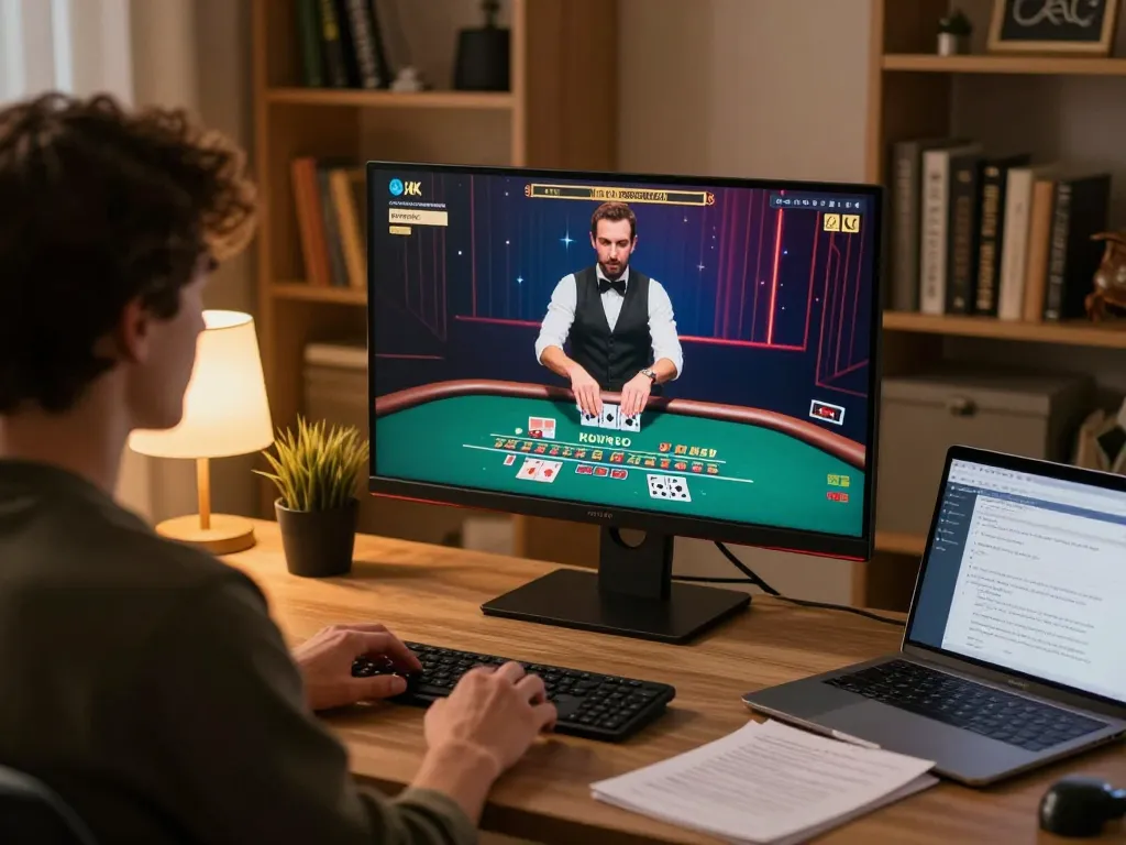 wstar77 players enjoying strategic gameplay at a cozy online blackjack table in a stylish home office